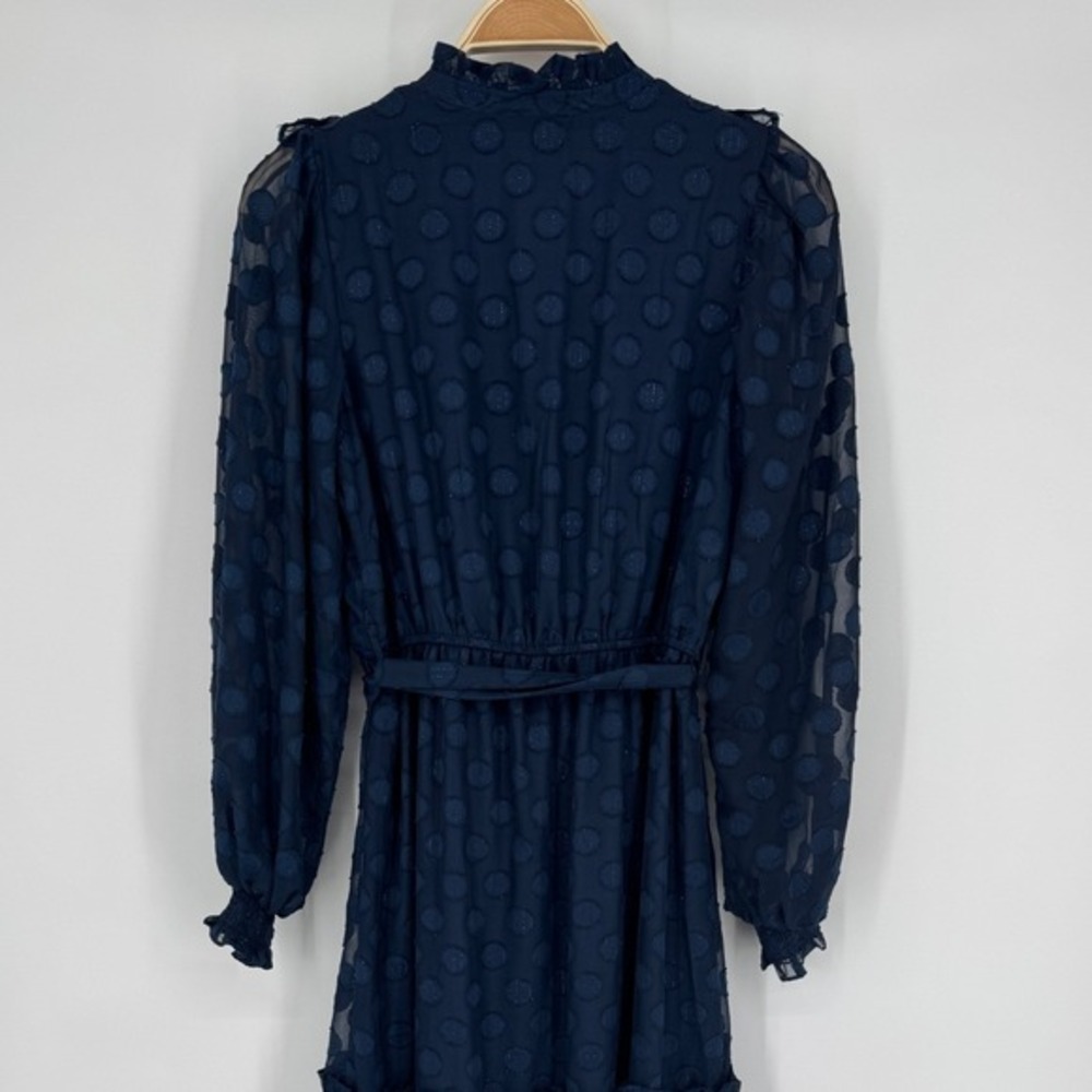 Moon River Navy Polka Dot Midi Dress Small Sheer Long Sleeve Ruffle Tie Belt - Picture 7 of 11